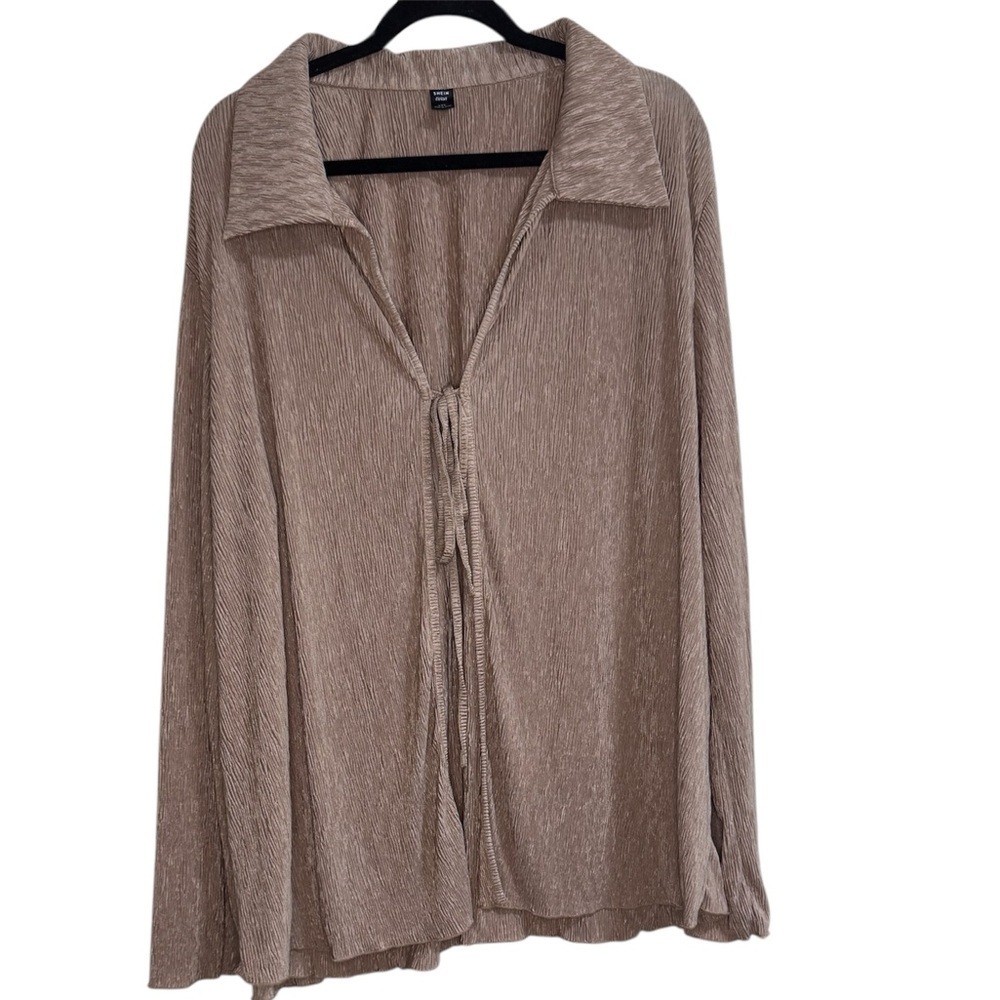 4XL Crinkle Satin Tie Front Top Blouse Brown Bronze Plus Size Oversized - Picture 2 of 9